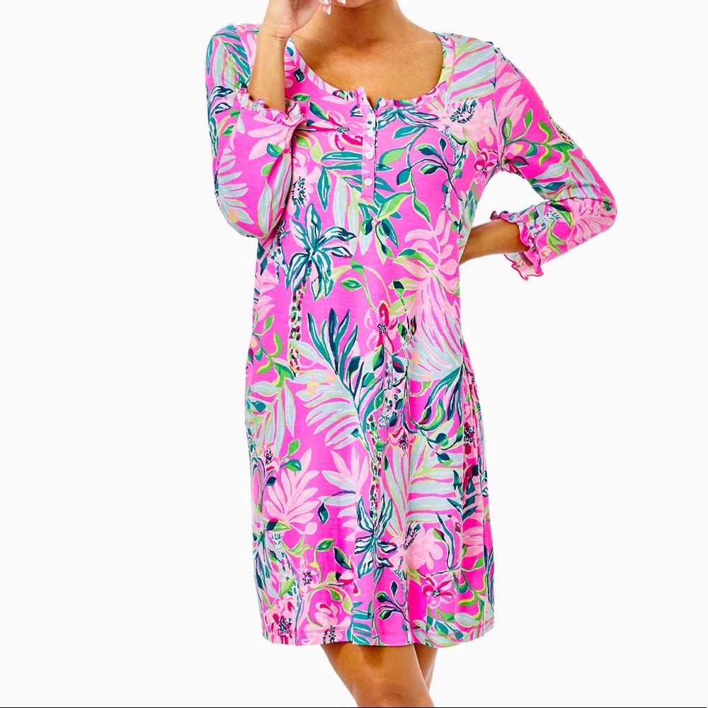 Pj knit night shirt plumeria pink I’m feline fine